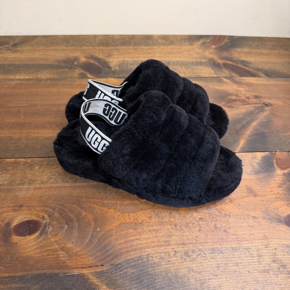 UGG Women's Fluff Yeah Slide Slipper Black Size 6 1095119 Open Toe Sheepskin